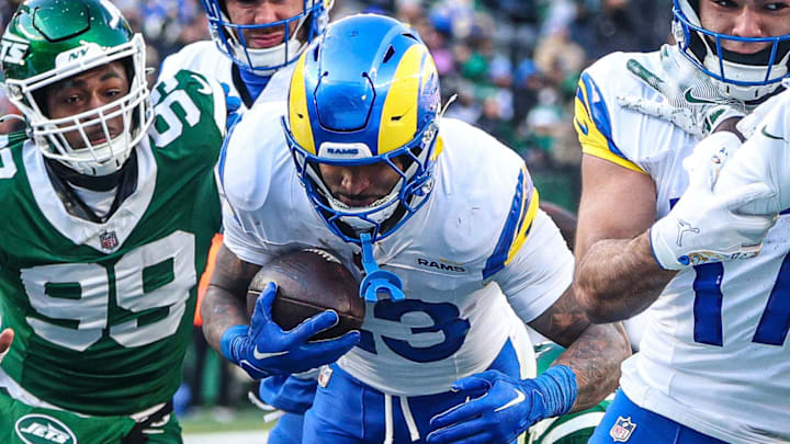 Dec 22, 2024; East Rutherford, New Jersey, USA; Los Angeles Rams running back Kyren Williams (23) rushes for touchdown during the first half against the New York Jets at MetLife Stadium. Mandatory Credit: Vincent Carchietta-Imagn Images Dec 22, 2024; East Rutherford, New Jersey, USA; Los Angeles Rams running back Kyren Williams (23) rushes for touchdown during the first half against the New York Jets at MetLife Stadium. Mandatory Credit: Vincent Carchietta-Imagn Images
