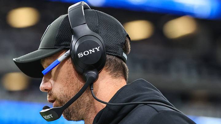 Aug 27, 2026; Paradise, Nevada, USA; Las Vegas Raiders head coach Klint Kubiak calls a play against the San Francisco 49ers during the first half at Allegiant Stadium. Mandatory Credit: Christopher Trim-Imagn Images