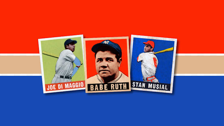 Leaf cards of Joe DiMaggio, Babe Ruth, and Stan Musial Leaf cards of Joe DiMaggio, Babe Ruth, and Stan Musial