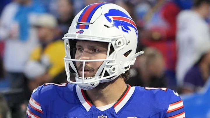 Sep 7, 2025; Orchard Park, New York, USA;  Gold shield patch is shown on the jersey of Buffalo Bills quarterback Josh Allen (17) during warm up prior to the game against the Baltimore Ravens at Highmark Stadium. Mandatory Credit: Gregory Fisher-Imagn Images