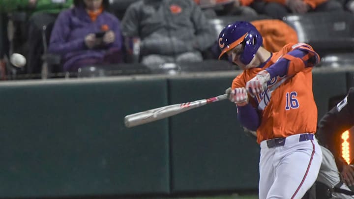 Clemson infielder Luke Gaffney (16) bats against South Carolina at Doug Kingsmore Stadium in Clemson, S.C. Friday, February 28, 2025.