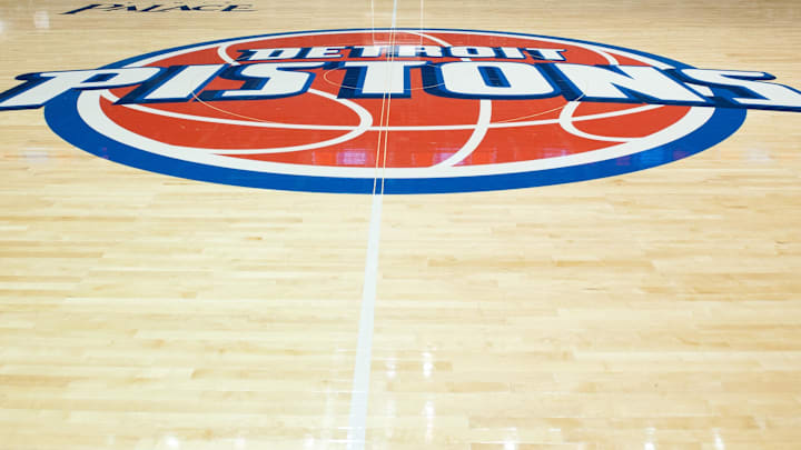 Dec 10, 2011; Auburn Hills, MI, USA; The Detroit Pistons logo before the game between the Oakland Golden Grizzlies and the Michigan Wolverines at The Palace. Mandatory Credit: Tim Fuller-Imagn Images