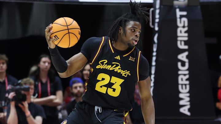 Feb 4, 2026; Salt Lake City, Utah, USA; Arizona State Sun Devils forward Allen Mukeba (23) looks for the play against the Utah Utes during the second half at Jon M. Huntsman Center. Mandatory Credit: Rob Gray-Imagn Images Feb 4, 2026; Salt Lake City, Utah, USA; Arizona State Sun Devils forward Allen Mukeba (23) looks for the play against the Utah Utes during the second half at Jon M. Huntsman Center. Mandatory Credit: Rob Gray-Imagn Images