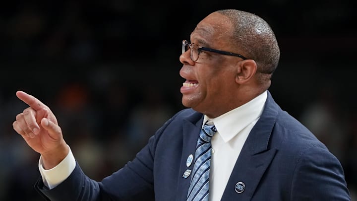 Mar 19, 2026; Greenville, SC, USA; North Carolina Tar Heels head coach Hubert Davis instructs his team against the VCU Rams in the first half of a first round game of the men's 2026 NCAA Tournament at Bon Secours Wellness Arena. Mandatory Credit: Bob Donnan-Imagn Images