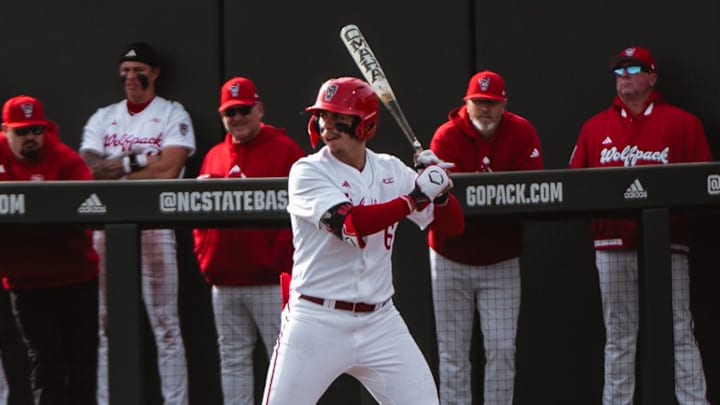 NC State's Dalton Bargo waits for a pitch during the Wolfpack's 7-2 loss to the Campbell Fighting Camels on Tuesday, March 24, 2026. 