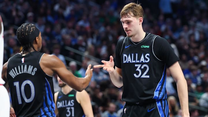 Jan 3, 2026; Dallas, Texas, USA; Dallas Mavericks guard Brandon Williams (10) celebrates with Dallas Mavericks forward Cooper Flagg Jan 3, 2026; Dallas, Texas, USA; Dallas Mavericks guard Brandon Williams (10) celebrates with Dallas Mavericks forward Cooper Flagg