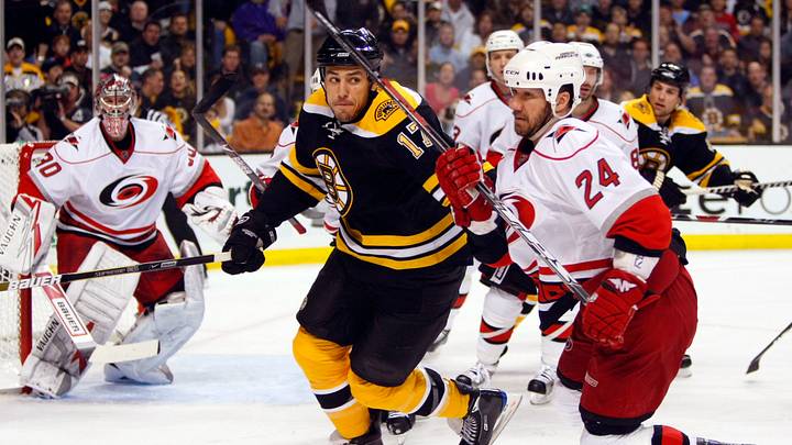 May 3, 2009; Boston, MA, USA; Boston Bruins left wing Milan Lucic (17) works for the puck against Carolina Hurricanes right wing Scott Walker (24) during the first period of game two of the eastern conference semifinals of the 2009 Stanley Cup playoffs at TD Banknorth Garden. Mandatory Credit: David Butler II-USA TODAY Sports