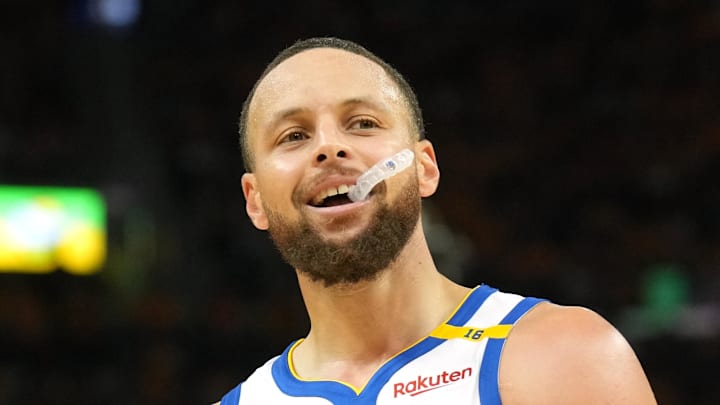 Apr 26, 2025; San Francisco, California, USA; Golden State Warriors guard Stephen Curry (30) stands on the court against the Houston Rockets during the fourth quarter of game three of first round for the 2024 NBA Playoffs at Chase Center. Mandatory Credit: Darren Yamashita-Imagn Images