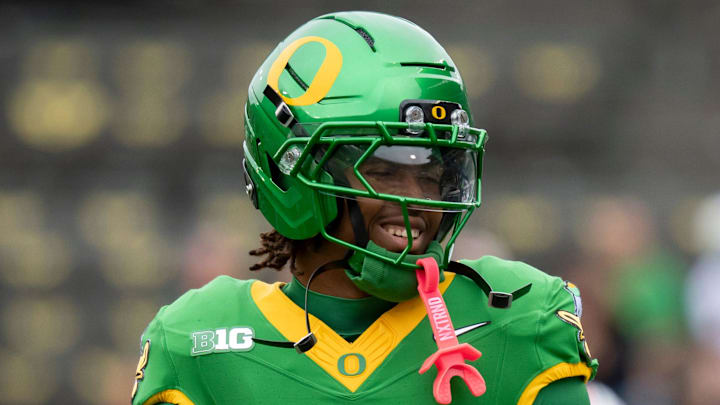 Oregon wide receiver Dakorien Moore warms up as the Oregon Ducks host the Oklahoma State Cowboys on Sept. 6, 2025, at Autzen Stadium in Eugene, Oregon. Oregon wide receiver Dakorien Moore warms up as the Oregon Ducks host the Oklahoma State Cowboys on Sept. 6, 2025, at Autzen Stadium in Eugene, Oregon.