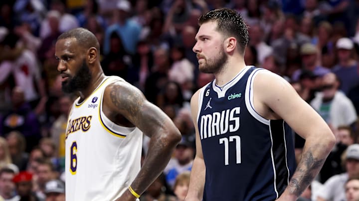 Feb 26, 2023; Dallas, Texas, USA; Los Angeles Lakers forward LeBron James (6) and Dallas Mavericks guard Luka Doncic (77) during the fourth quarter at American Airlines Center. Mandatory Credit: Kevin Jairaj-Imagn Images