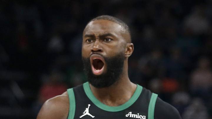 Boston Celtics guard Jaylen Brown (7) and forward Jayson Tatum (0) react during the third quarter against the Memphis Grizzlies at FedExForum on Mar 20, 2026.