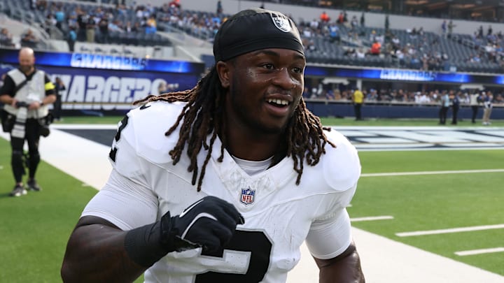 Nov 30, 2025; Inglewood, California, USA; Las Vegas Raiders running back Ashton Jeanty (2) reacts before the game at SoFi Stadium. Mandatory Credit: Kiyoshi Mio-Imagn Images