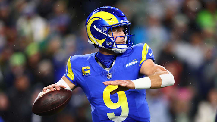 Dec 18, 2025; Seattle, Washington, USA; Los Angeles Rams quarterback Matthew Stafford (9) passes against the Seattle Seahawks in the first half at Lumen Field. Mandatory Credit: Kevin Ng-Imagn Images Dec 18, 2025; Seattle, Washington, USA; Los Angeles Rams quarterback Matthew Stafford (9) passes against the Seattle Seahawks in the first half at Lumen Field. Mandatory Credit: Kevin Ng-Imagn Images