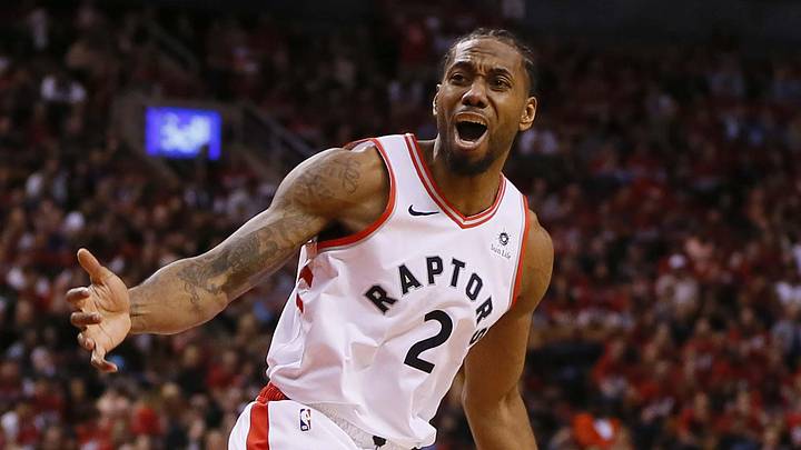 Apr 13, 2019; Toronto, Ontario, CAN; Toronto Raptors forward Kawhi Leonard (2) reacts after a non-call during game one of the first round of the 2019 NBA Playoffs against the Orlando Magic at Scotiabank Arena. Orlando defeated Toronto. Mandatory Credit: John E. Sokolowski-Imagn Images