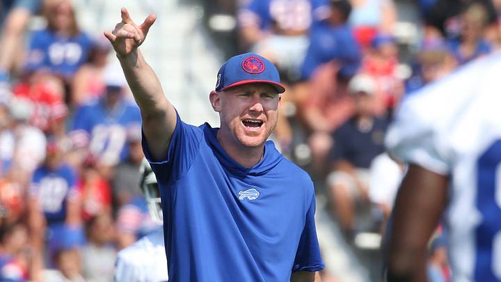 Bills offensive coordinator Joe Brady calls out during drills on the opening day of Buffalo Bills training camp at St. John Fisher University in Pittsford Wednesday, July 24, 2024.