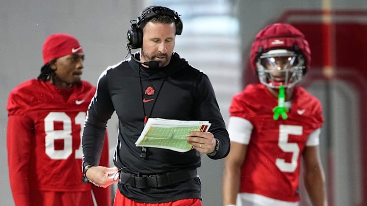 Ohio State Buckeyes offensive coordinator Brian Hartline calls plays during spring football practice at the Woody Hayes Athletic Center on March 17, 2025.