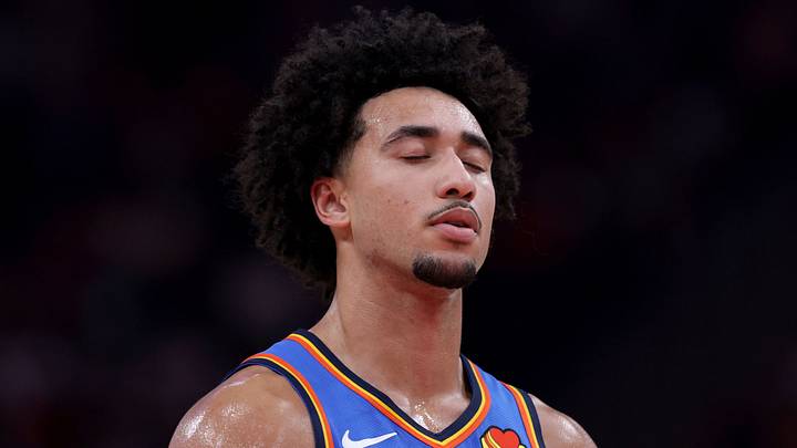 HOUSTON, TEXAS - OCTOBER 15: Jared McCain #3 of the Oklahoma City Thunder in action during the game against the Houston Rockets at Toyota Center on October 15, 2026 in Houston, Texas. (Photo by Kenneth Richmond/Getty Images)