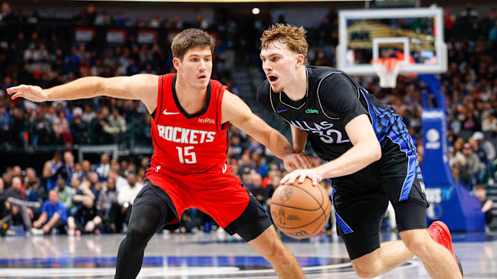 Dec 6, 2025; Dallas, Texas, USA; Dallas Mavericks forward Cooper Flagg (32) is guarded by Houston Rockets guard Reed Sheppard (15) during the fourth quarter at American Airlines Center. Mandatory Credit: Andrew Dieb-Imagn Images Dec 6, 2025; Dallas, Texas, USA; Dallas Mavericks forward Cooper Flagg (32) is guarded by Houston Rockets guard Reed Sheppard (15) during the fourth quarter at American Airlines Center. Mandatory Credit: Andrew Dieb-Imagn Images