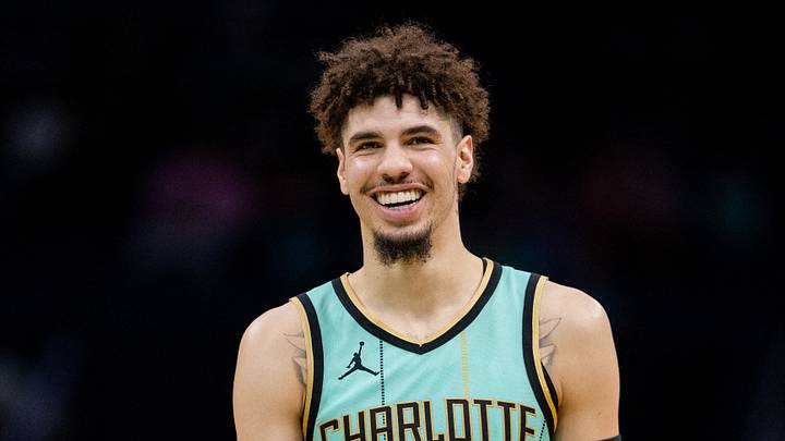 Jan 25, 2025; Charlotte, North Carolina, USA; Charlotte Hornets guard LaMelo Ball (1) reacts during the second quarter against the New Orleans Pelicans at Spectrum Center. Mandatory Credit: Scott Kinser-Imagn Images