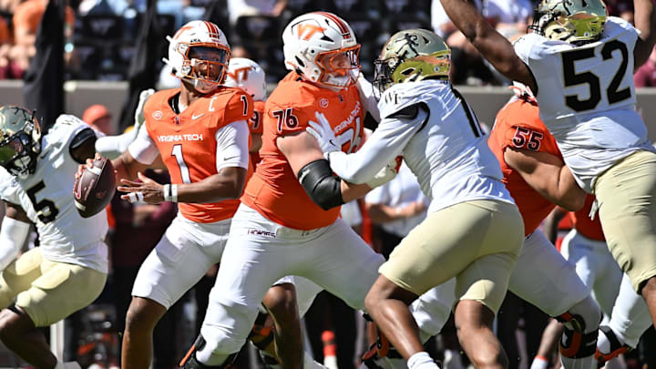 Oct 4, 2025; Blacksburg, Va.; Virginia Tech quarterback Kyron Drones (1) looks to pass as offensive lineman Aidan Lynch (76) blocks.