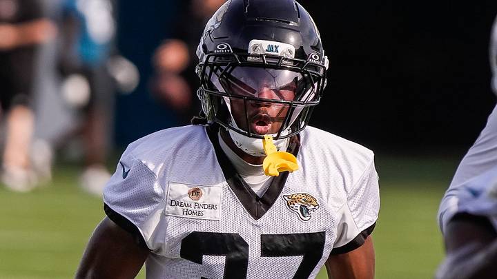 Jacksonville Jaguars Cornerback Jabbar Muhammad (37) carries the ball during a drill during the Jacksonville Jaguars seventh day of NFL Training Camp at the Miller Electric Center in Jacksonville, Fla., Thursday August 6, 2026.    [Doug Engle/Florida Times-Union]
