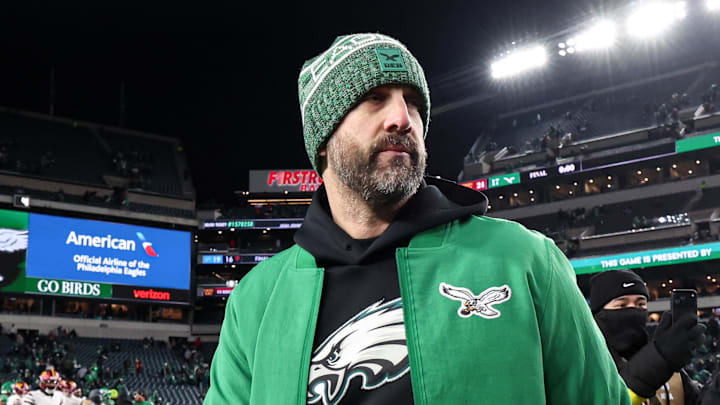 Jan 4, 2026; Philadelphia, Pennsylvania, USA; Philadelphia Eagles head coach Nick Sirianni walks off the field after a loss to the Washington Commanders at Lincoln Financial Field. Mandatory Credit: Bill Streicher-Imagn Images