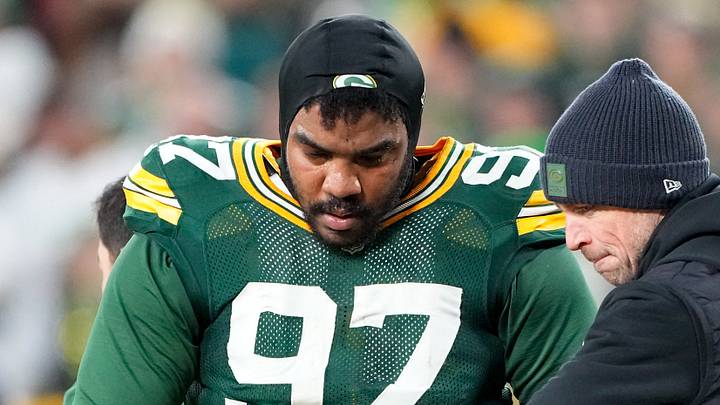 Green Bay Packers defensive tackle Jordon Riley (97) is carted off the field during last year's game vs. the Baltimore Ravens. Green Bay Packers defensive tackle Jordon Riley (97) is carted off the field during last year's game vs. the Baltimore Ravens.