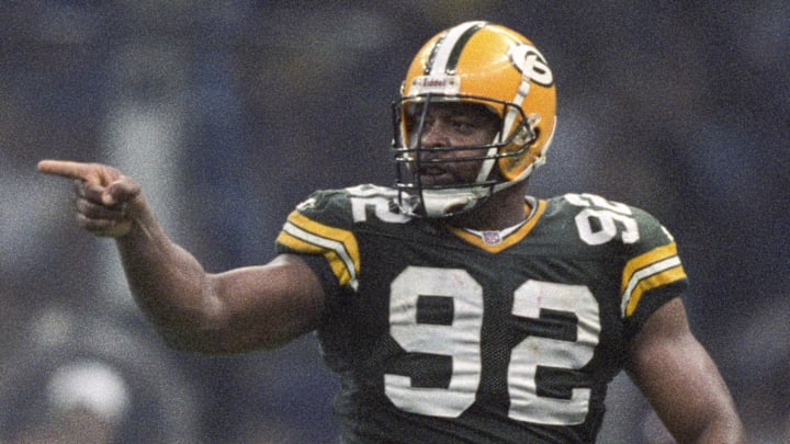 Green Bay Packers defensive end Reggie White (92) reacts against the New England Patriots during Super Bowl XXXI.
