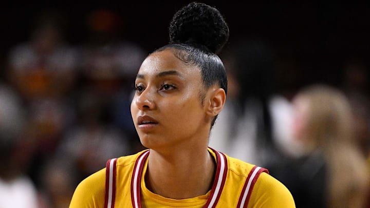 Mar 24, 2025; Los Angeles, California, USA; USC Trojans guard JuJu Watkins (12) during pregame warmups before an NCAA Tournament second round game against the Mississippi State Bulldogs at Galen Center. Mandatory Credit: Robert Hanashiro-Imagn Images Mar 24, 2025; Los Angeles, California, USA; USC Trojans guard JuJu Watkins (12) during pregame warmups before an NCAA Tournament second round game against the Mississippi State Bulldogs at Galen Center. Mandatory Credit: Robert Hanashiro-Imagn Images