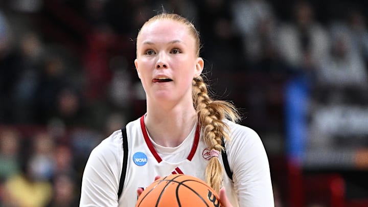 Mar 28, 2025; Spokane, WA, USA; NC State Wolfpack forward Tilda Trygger (18) shoots during the first half of a Sweet 16 NCAA Tournament basketball game against the LSU Lady Tigers at Spokane Arena. Mandatory Credit: James Snook-Imagn Images
