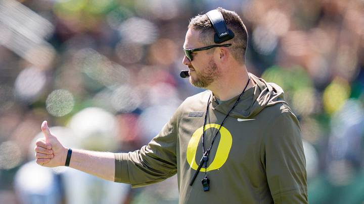 Oregon head coach Dan Lanning walks the field during the Oregon Ducks annual spring game on April 25, 2026 at Autzen Stadium in Eugene, Oregon. Oregon head coach Dan Lanning walks the field during the Oregon Ducks annual spring game on April 25, 2026 at Autzen Stadium in Eugene, Oregon.