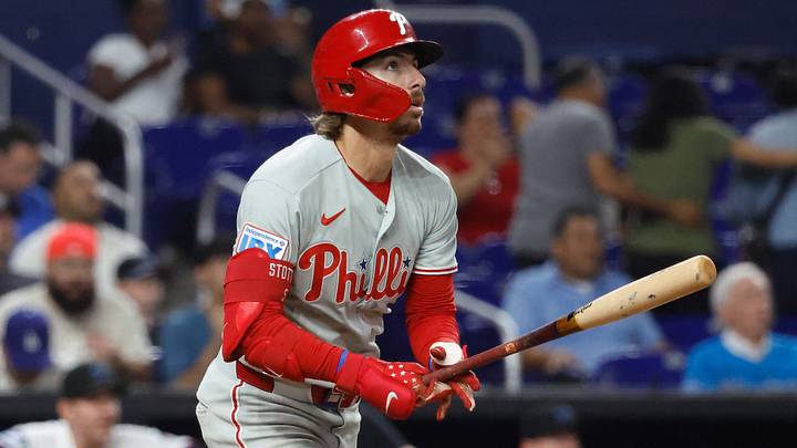 Jul 27, 2026; Miami, Florida, USA; Philadelphia Phillies second baseman Bryson Stott (5) triples against the Miami Marlins during the eighth inning at loanDepot Park. Mandatory Credit: Rhona Wise-Imagn Images Jul 27, 2026; Miami, Florida, USA; Philadelphia Phillies second baseman Bryson Stott (5) triples against the Miami Marlins during the eighth inning at loanDepot Park. Mandatory Credit: Rhona Wise-Imagn Images