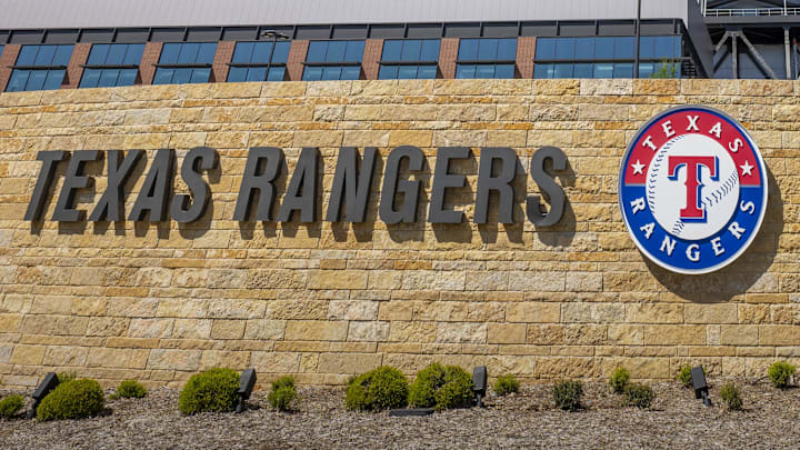 A view of the Texas Rangers logo at Globe Life Field.