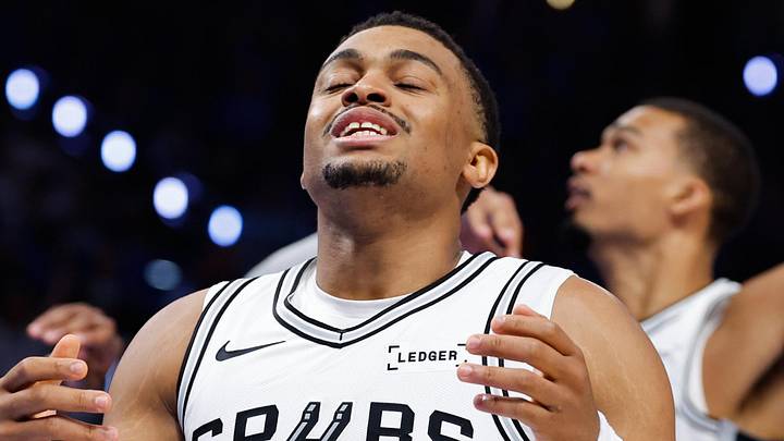 May 20, 2026; Oklahoma City, Oklahoma, USA; San Antonio Spurs forward Keldon Johnson (3) reacts to a play during the fourth quarter against the Oklahoma City Thunder during game two of the western conference finals for the 2026 NBA playoffs at Paycom Center. Mandatory Credit: Alonzo Adams-Imagn Images May 20, 2026; Oklahoma City, Oklahoma, USA; San Antonio Spurs forward Keldon Johnson (3) reacts to a play during the fourth quarter against the Oklahoma City Thunder during game two of the western conference finals for the 2026 NBA playoffs at Paycom Center. Mandatory Credit: Alonzo Adams-Imagn Images