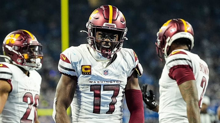 Washington Commanders wide receiver Terry McLaurin (17) celebrates a first down against Detroit Lions during the second half of the NFC divisional round at Ford Field in Detroit on Saturday, Jan. 18, 2025.