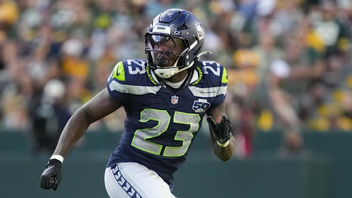 Aug 23, 2025; Green Bay, Wisconsin, USA;  Seattle Seahawks safety D'Anthony Bell (23) during the game against the Green Bay Packers at Lambeau Field.
