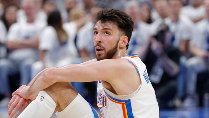 May 26, 2026; Oklahoma City, Oklahoma, USA; Oklahoma City Thunder center Chet Holmgren (7) reacts after a play during the third quarter against the San Antonio Spurs in game five of the western conference finals for the 2026 NBA playoffs at Paycom Center. Mandatory Credit: Alonzo Adams-Imagn Images May 26, 2026; Oklahoma City, Oklahoma, USA; Oklahoma City Thunder center Chet Holmgren (7) reacts after a play during the third quarter against the San Antonio Spurs in game five of the western conference finals for the 2026 NBA playoffs at Paycom Center. Mandatory Credit: Alonzo Adams-Imagn Images