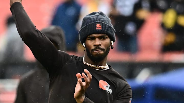 Dec 28, 2025; Cleveland, Ohio, USA; Cleveland Browns quarterback Shedeur Sanders (12) warms up before the game against the Pittsburgh Steelers at Huntington Bank Field.