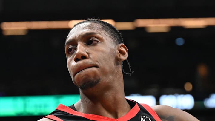 Toronto Raptors forward RJ Barrett reacts after making a three point basket against the Phoenix Suns.