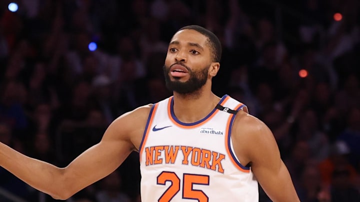 New York Knicks forward Mikal Bridges reacts in the fourth quarter against the Indiana Pacers. Mandatory Credit: Vincent Carchietta-Imagn Images