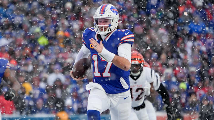 Dec 7, 2025; Orchard Park, New York, USA; Buffalo Bills quarterback Josh Allen (17) runs the ball for a touchdown in the fourth quarter against the Cincinnati Bengals at Highmark Stadium.