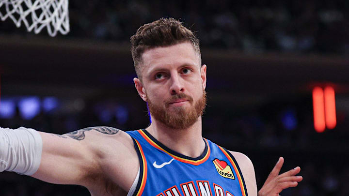 Mar 4, 2026; New York, New York, USA; Oklahoma City Thunder center Isaiah Hartenstein (55) reacts after a call in front of New York Knicks center Karl-Anthony Towns (32) during the first half at Madison Square Garden. Mandatory Credit: Vincent Carchietta-Imagn Images