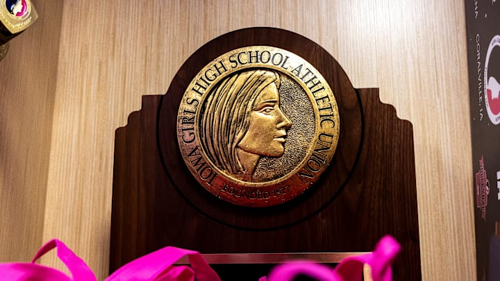 The Class 1A IGHSAU Iowa Girls High School Athletic Union state volleyball championship trophy is seen in a locker before the match between Ankeny Christian and Holy Trinity Catholic, Thursday, Nov. 2, 2023, at Xtream Arena in Coralville, Iowa. The Class 1A IGHSAU Iowa Girls High School Athletic Union state volleyball championship trophy is seen in a locker before the match between Ankeny Christian and Holy Trinity Catholic, Thursday, Nov. 2, 2023, at Xtream Arena in Coralville, Iowa.