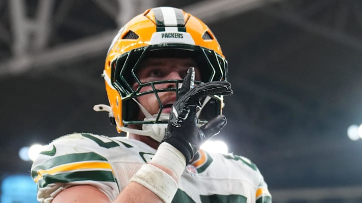 Green Bay Packers tight end Tucker Kraft (85) celebrates a touchdown against the Arizona Cardinals. Green Bay Packers tight end Tucker Kraft (85) celebrates a touchdown against the Arizona Cardinals.