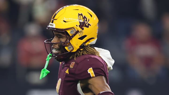 Dec 7, 2024; Arlington, TX, USA; Arizona State Sun Devils defensive back Keith Abney II (1) celebrates after intercepting a pass against the Iowa State Cyclones in the third quarter at AT&T Stadium. Mandatory Credit: Tim Heitman-Imagn Images