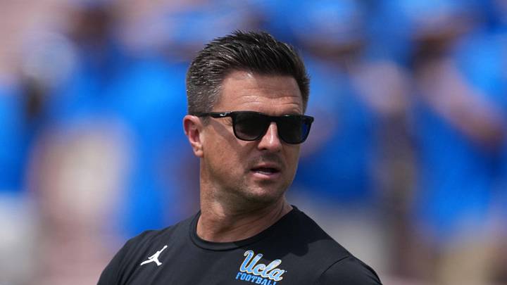 May 2, 2026; Pasadena, CA, USA; UCLA Bruins coach Bob Chesney reacts during the spring game at Rose Bowl. Mandatory Credit: Kirby Lee-Imagn Images