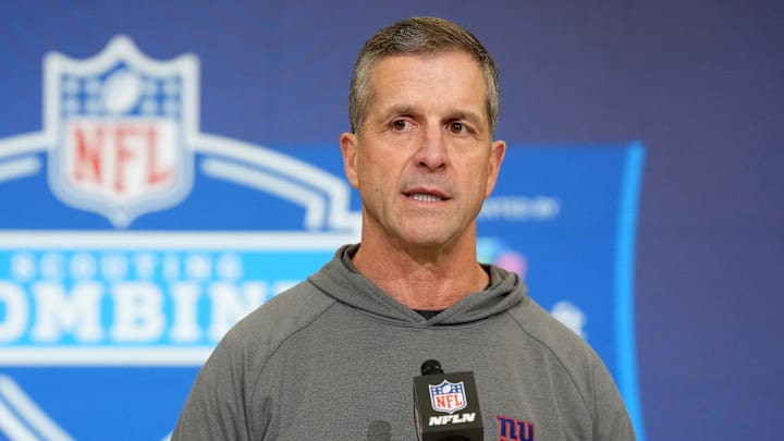Feb 24, 2026; Indianapolis, IN, USA; New York Giants coach John Harbaugh speaks at the NFL Scouting Combine at the Indiana Convention Center. Mandatory Credit: Kirby Lee-Imagn Images