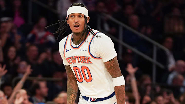 Nov 3, 2025; New York, New York, USA; New York Knicks guard Jordan Clarkson (00) celebrates after scoring a three pointer during the second half against the Washington Wizards at Madison Square Garden. Mandatory Credit: Lucas Boland-Imagn Images Nov 3, 2025; New York, New York, USA; New York Knicks guard Jordan Clarkson (00) celebrates after scoring a three pointer during the second half against the Washington Wizards at Madison Square Garden. Mandatory Credit: Lucas Boland-Imagn Images