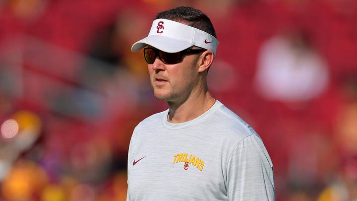 Oct 8, 2022; Los Angeles, California, USA;  USC Trojans head coach Lincoln Riley walks on the field prior to a game against the Washington State Cougars at United Airlines Field at Los Angeles Memorial Coliseum. Mandatory Credit: Jayne Kamin-Oncea-USA TODAY Sports