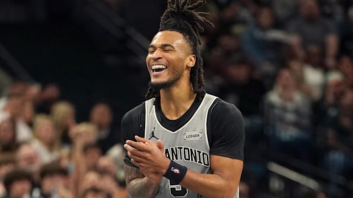 Nov 7, 2025; San Antonio, Texas, USA; San Antonio Spurs guard Stephon Castle (5) reacts during the second half against the Houston Rockets at Frost Bank Center. Mandatory Credit: Dustin Safranek-Imagn Images